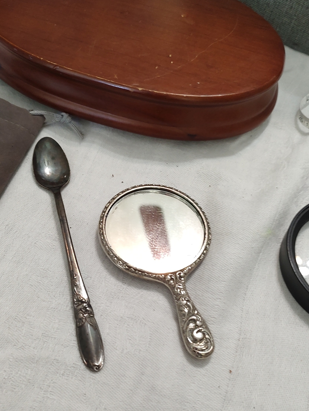 Vintage Silver Tone Compact Hand Held Mirror with Floral Design And Silver Baby